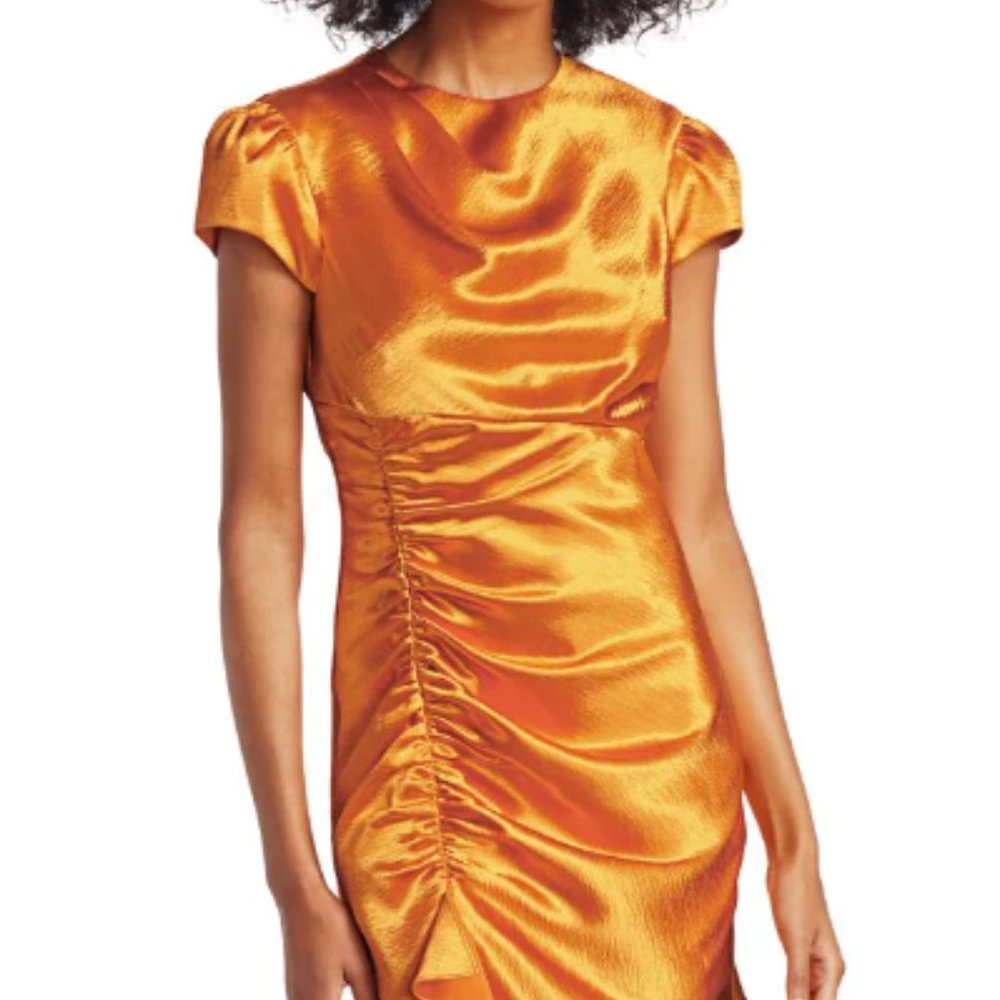 CINQ A SEPT Women's 6 Gold "Natalia" Ruched Satin Mini Dress